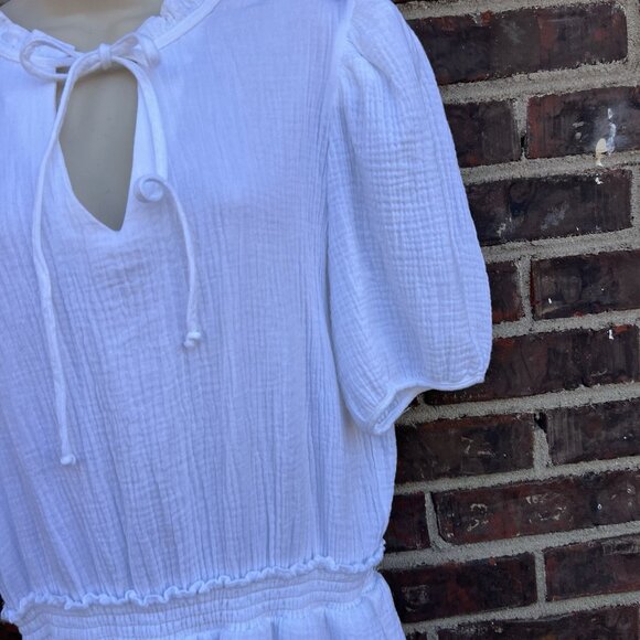 DREW Size L Puff Sleeves Mini Dress Tiered White Party 100% Cotton Beachy - Picture 3 of 5